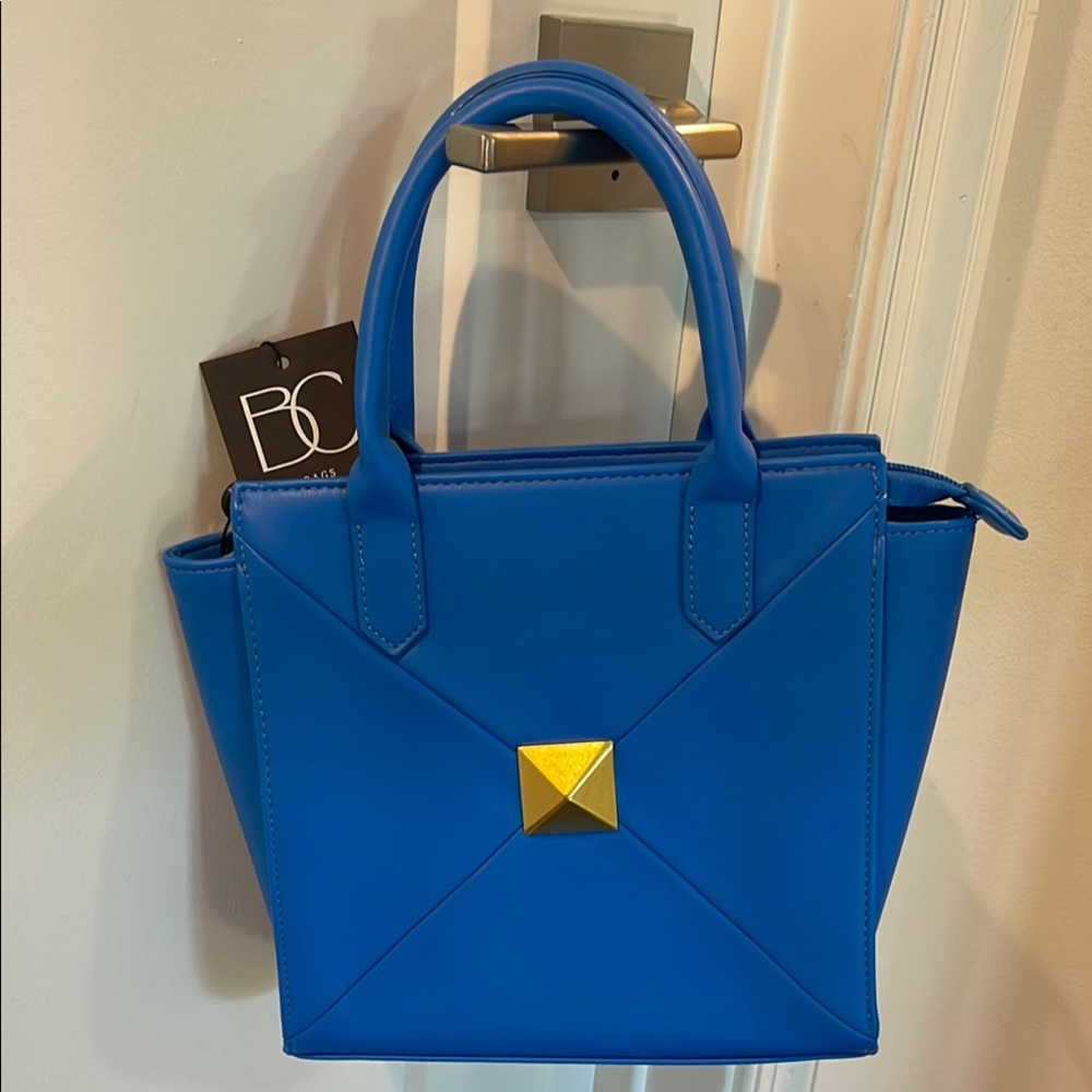 Blue and Gold Satchel with Modern Trapezoid Design